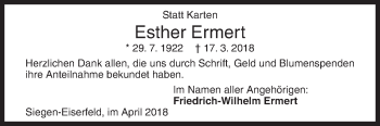 Traueranzeige von Esther Ermert von Siegener Zeitung