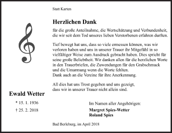 Traueranzeige von Ewald Wetter von Siegener Zeitung