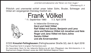 Traueranzeige von Frank Völkel von Siegener Zeitung