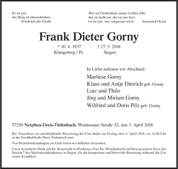Traueranzeige von Frank Dieter Gorny von Siegener Zeitung