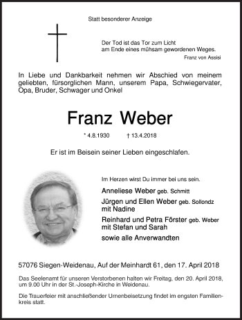Traueranzeige von Franz Weber von Siegener Zeitung
