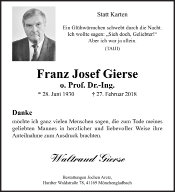 Traueranzeige von Franz Josef Gierse von Siegener Zeitung