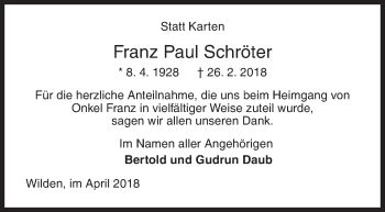 Traueranzeige von Franz Paul Schröter von Siegener Zeitung