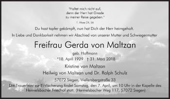 Traueranzeige von Freifrau Gerda von Maltzan von Siegener Zeitung