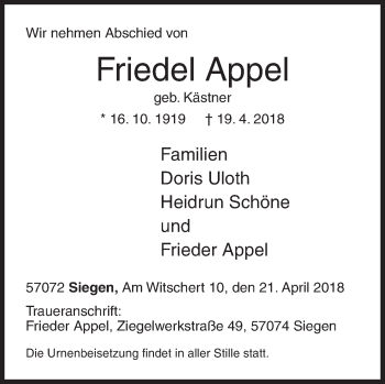 Traueranzeige von Friedel Appel von Siegener Zeitung
