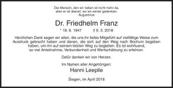 Traueranzeige von Friedhelm Franz von Siegener Zeitung