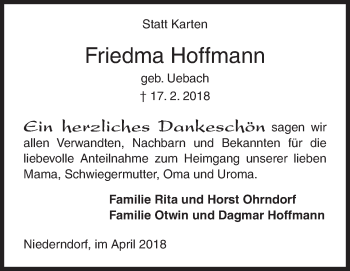 Traueranzeige von Friedma Hoffmann von Siegener Zeitung