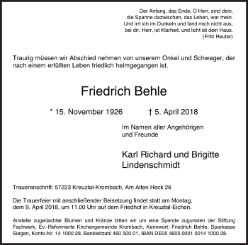 Traueranzeige von Friedrich Behle von Siegener Zeitung