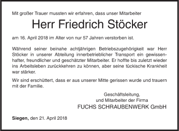 Traueranzeige von Friedrich Stöcker von Siegener Zeitung