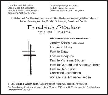 Traueranzeige von Friedrich Stöcker von Siegener Zeitung