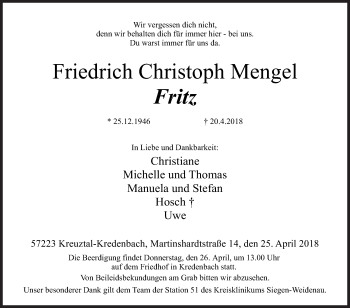 Traueranzeige von Friedrich Christoph Mengel von Siegener Zeitung