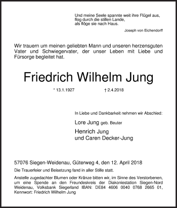Traueranzeige von Friedrich Wilhelm Jung von Siegener Zeitung