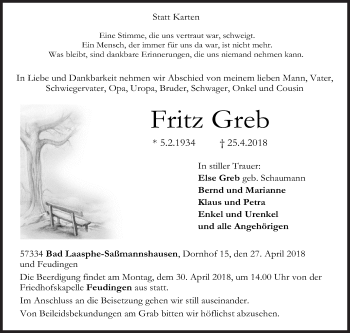 Traueranzeige von Fritz Greb von Siegener Zeitung