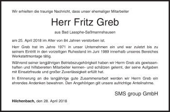 Traueranzeige von Fritz Greb von Siegener Zeitung