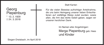 Traueranzeige von Georg Piepenburg von Siegener Zeitung