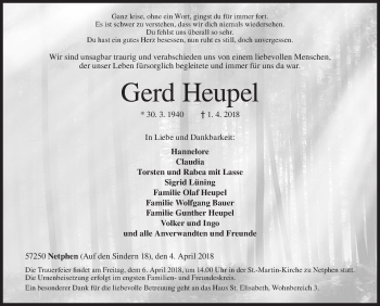 Traueranzeige von Gerd Heupel von Siegener Zeitung