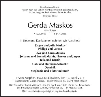 Traueranzeige von Gerda Maskos von Siegener Zeitung