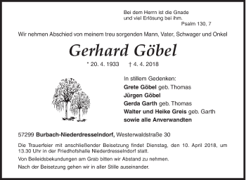Traueranzeige von Gerhard Göbel von Siegener Zeitung