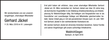 Traueranzeige von Gerhard Jäckel von Siegener Zeitung