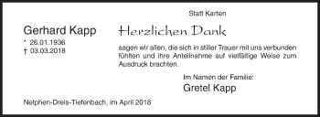 Traueranzeige von Gerhard Kapp von Siegener Zeitung