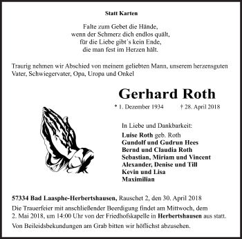 Traueranzeige von Gerhard Roth von Siegener Zeitung