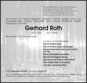 Traueranzeige von Gerhard Roth von Siegener Zeitung
