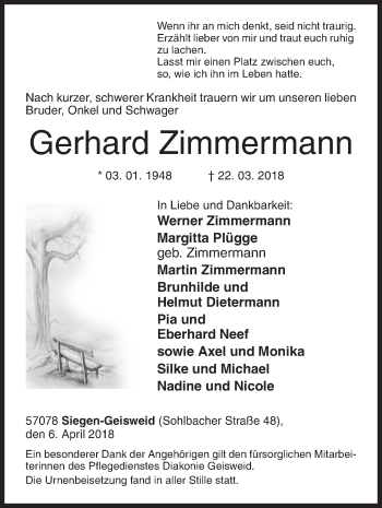 Traueranzeige von Gerhard Zimmermann von Siegener Zeitung
