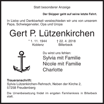 Traueranzeige von Gert Lützenkirchen von Siegener Zeitung