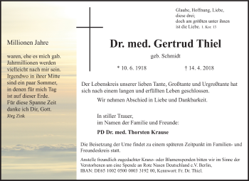 Traueranzeige von Gertrud Thiel von Siegener Zeitung