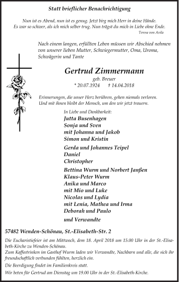 Traueranzeige von Gertrud Zimmermann von Siegener Zeitung