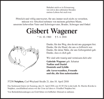 Traueranzeige von Gisbert Wagener von Siegener Zeitung