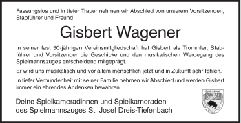 Traueranzeige von Gisbert Wagener von Siegener Zeitung