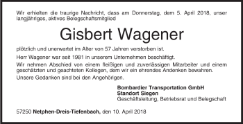 Traueranzeige von Gisbert Wagener von Siegener Zeitung