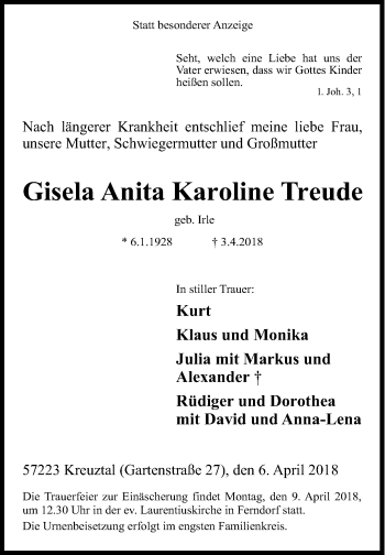 Traueranzeige von Gisela Anita Karoline Treude von Siegener Zeitung