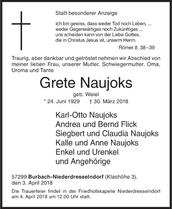 Traueranzeige von Grete Naujoks von Siegener Zeitung