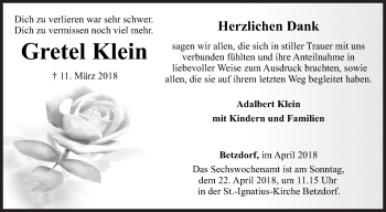 Traueranzeige von Gretel Klein von Siegener Zeitung