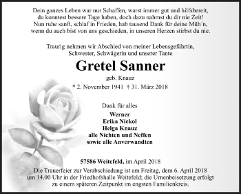 Traueranzeige von Gretel Sanner von Siegener Zeitung