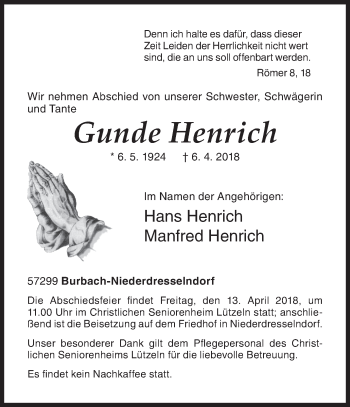 Traueranzeige von Gunde Henrich von Siegener Zeitung