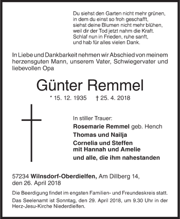 Traueranzeige von Günter Remmel von Siegener Zeitung