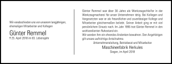 Traueranzeige von Günter Remmel von Siegener Zeitung