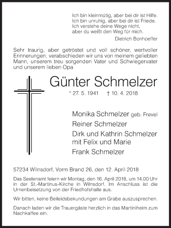 Traueranzeige von Günter Schmelzer von Siegener Zeitung