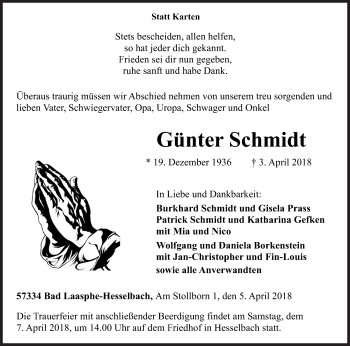 Traueranzeige von Günter Schmidt von Siegener Zeitung