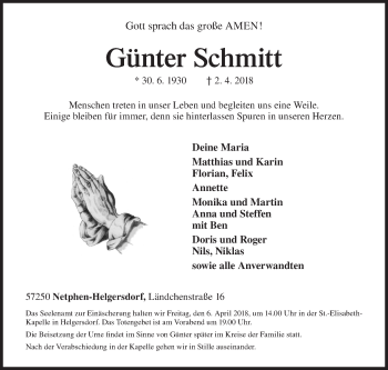 Traueranzeige von Günter Schmitt von Siegener Zeitung