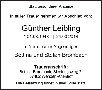 Traueranzeige von Günther Leibling von Siegener Zeitung