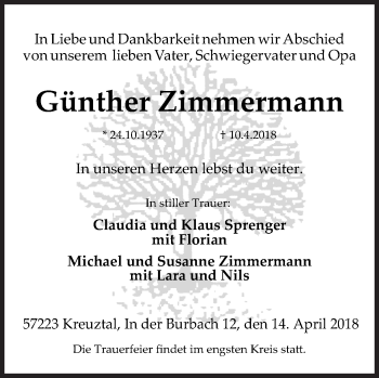 Traueranzeige von Günther Zimmermann von Siegener Zeitung