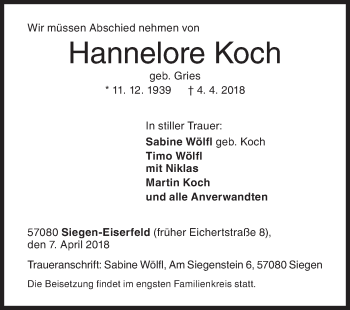 Traueranzeige von Hannelore Koch von Siegener Zeitung