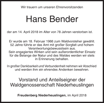 Traueranzeige von Hans Bender von Siegener Zeitung