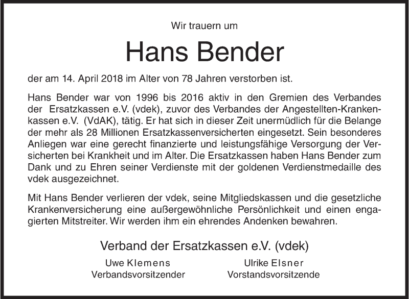  Traueranzeige für Hans Bender vom 17.04.2018 aus Siegener Zeitung