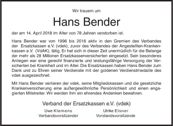 Traueranzeige von Hans Bender von Siegener Zeitung
