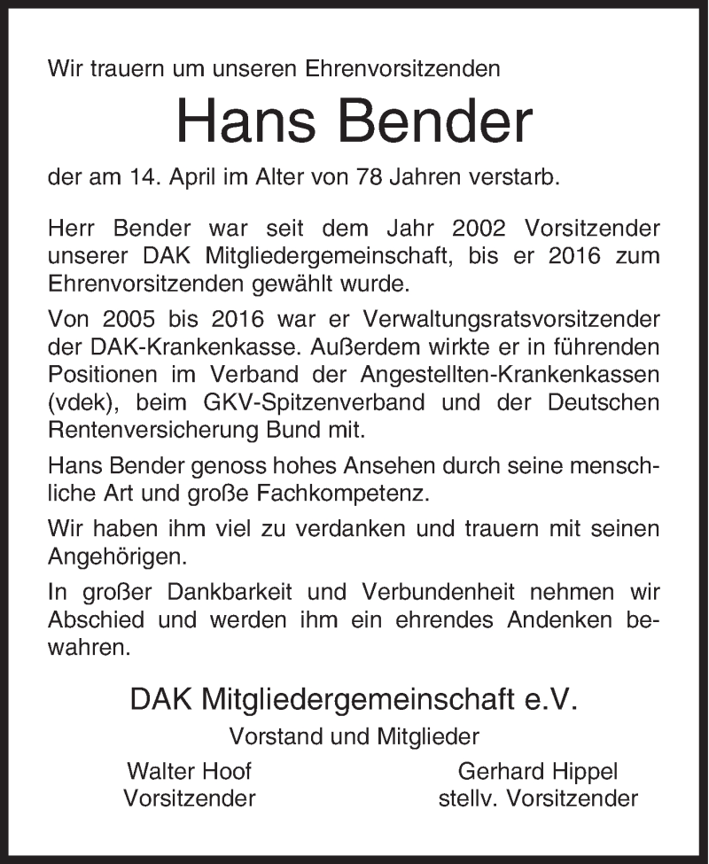  Traueranzeige für Hans Bender vom 17.04.2018 aus Siegener Zeitung